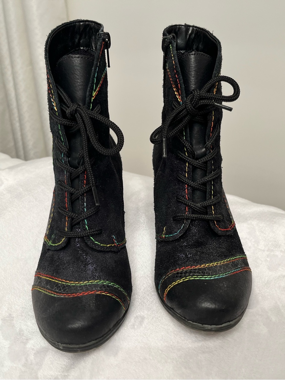 Remonte Lined Black Lace-Up Women's Ankle Boots with Multicolor Stitching Sz 6